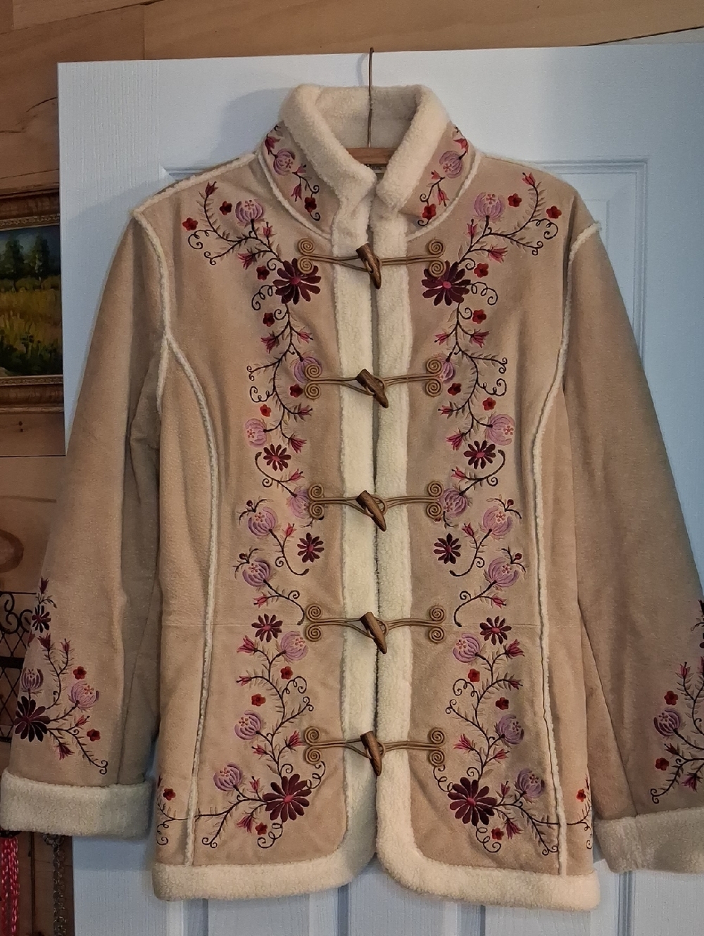 St. John's Bay Beige Embroidered Teddy Toggle Jacket